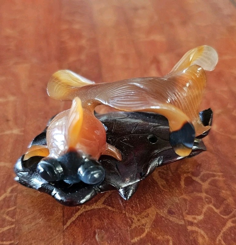 Beautiful Vintage Chinese Hand Carved Agate Koi Fish  Sculpture On Wooden Stand