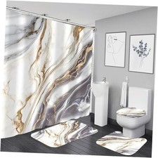 4 Pcs White Marble Shower Curtain Set Grey Bathroom Sets with Shower Grey Gold