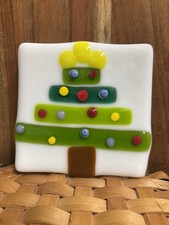 Hand Made Fused Glass Christmas Tree trinket dish Plate. 4.25 X 4.25