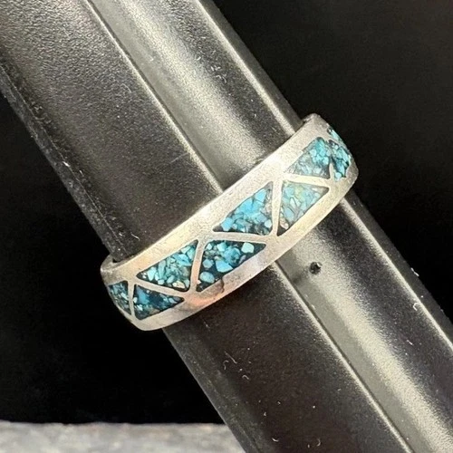 SZ 11.5 Vintage Navajo Sterling Silver Turquoise Chip Inlay Band Ring Estate 925
