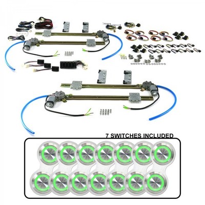 4-Door Flat Glass Power Window Kit w/7 Retro Billet Switches - Gn Illumination  