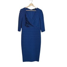 Adrianna Papell Woman Blue Sheath Dress V Neck 3/4 Sleeve Pleated Size 14W