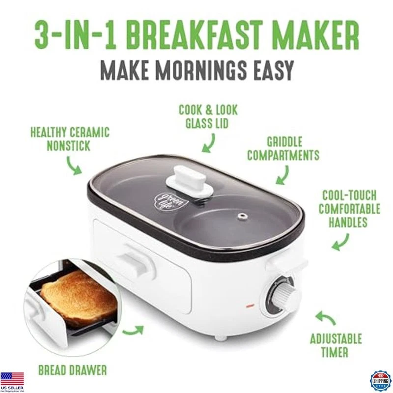 3-in-1 Breakfast Maker Station, Nonstick Griddles, Toast Drawer, Timer, White - Image 3 of 4