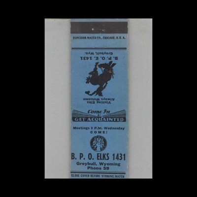 Matchbook Cover BPOE Elks Club Lodge No. 1431 Greybull WY