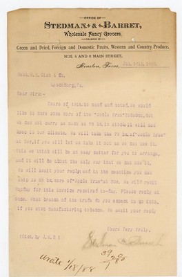 1888 Houston Texas Stedman & Barret Wholesale Grocers Letter Uncle True Tobacco
