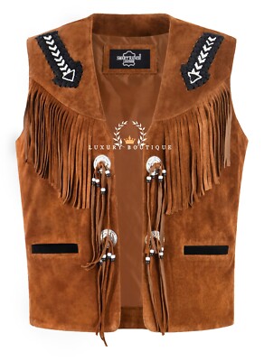 Herren Cowboy Western Stil Indianer Leder Weste Hellbraun Wildleder Perlen Fransen