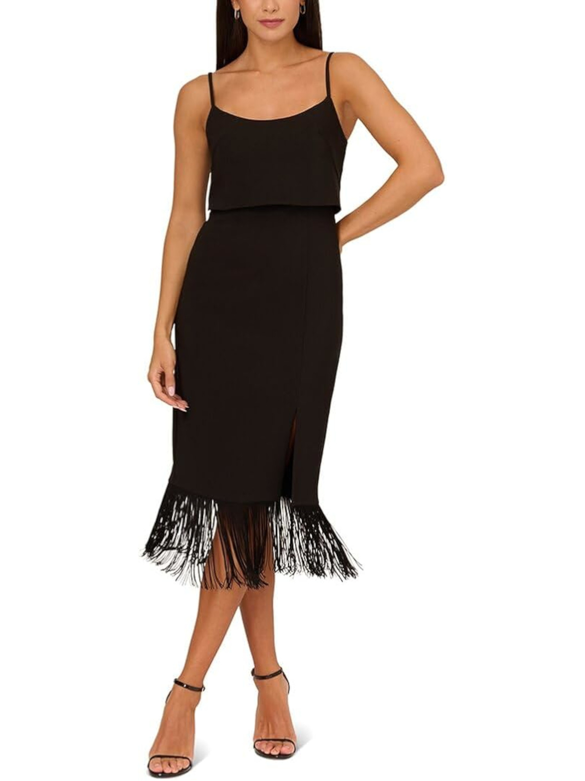 Женское черное миди-платье AIDAN с отложным воротником и бахромой на подкладке на тонких бретельках-спагетти 8