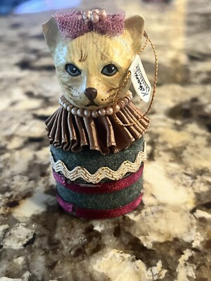 Vintage Katherine's Collection Christmas Pink Bow Kitty Cat Trinket Ornament