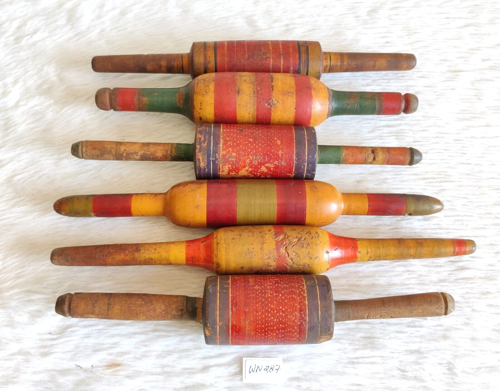 Antique Primitive Handmade Lacquered Bread Bakers Wooden Rolling Pin 6Pcs WN287
