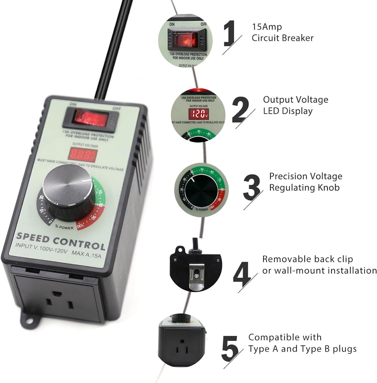 Variable Speed Controller for Router Fan Electric Motor Rheostat 120V Adjuster