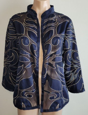 Chicos Travelers 1 Medium 8-10 Blue Gold Burnout Embroidered Open Front Jacket