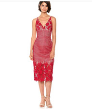 DRESS the POPULATION Garnet Red Nude AURORA Floral Lace Tea Length Midi L = 8/10