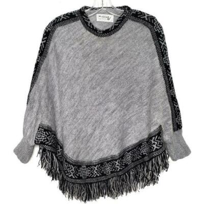 ALPAFINA Gray Alpaca Wool Aztec Fringe Dolman Sleeve Poncho