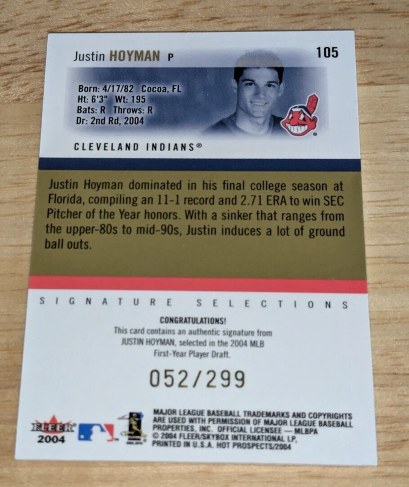 Justin Hoyman 2004 Hot Prospects Draft Baseball Card #105 Rookie Auto #'ed /299 - Image 2 of 3