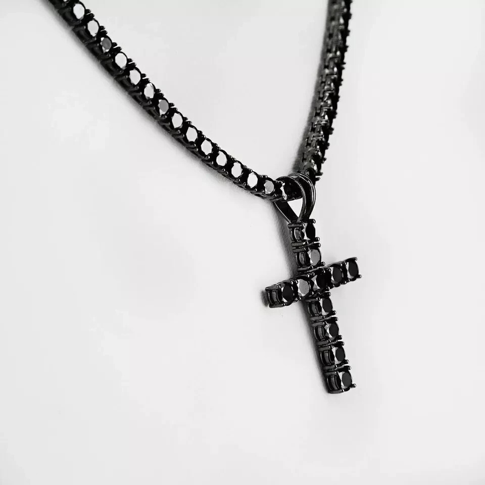 3mm Tennis Cross Chain Pendant Necklace for Mens with Black Spinel