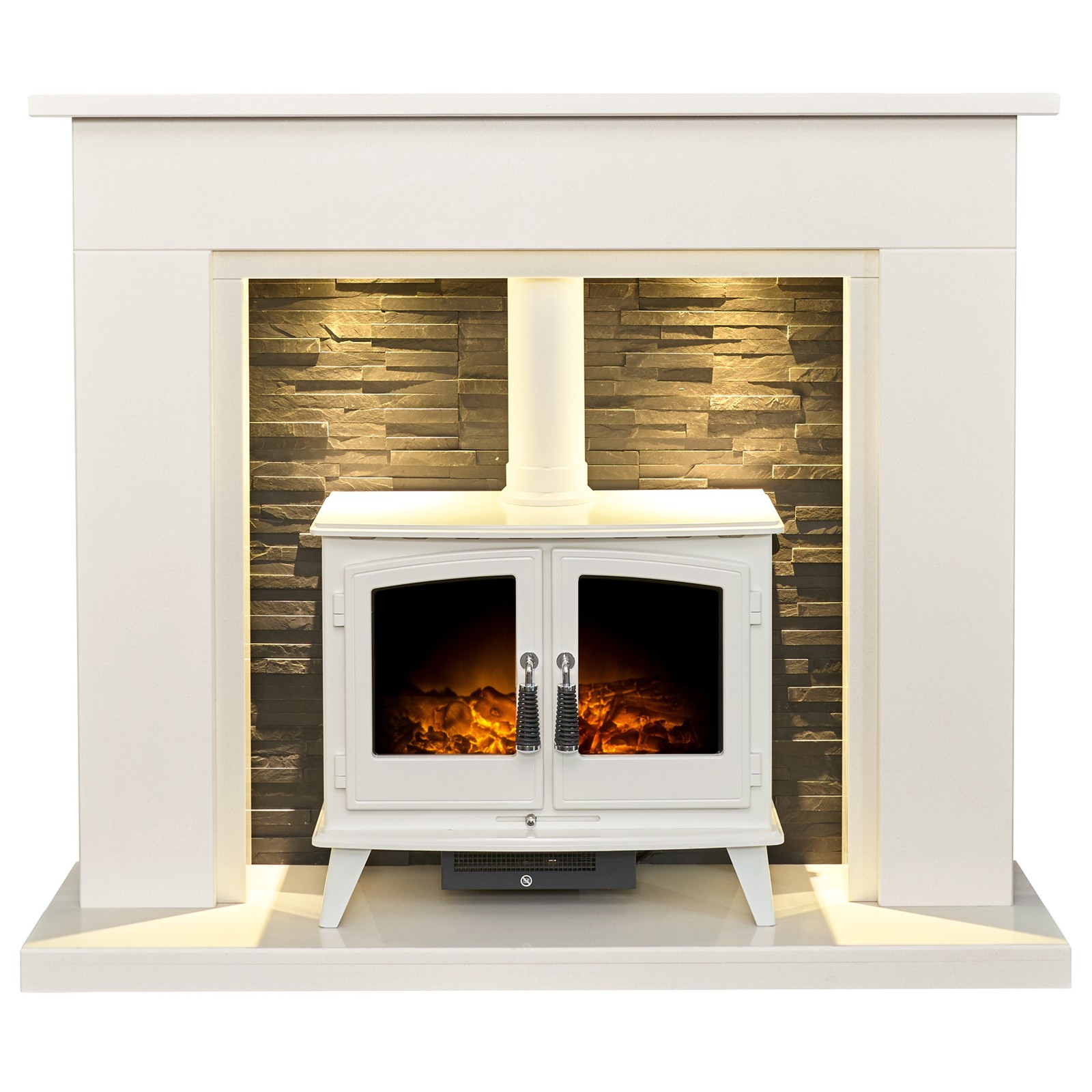 Acantha Miramar White Marble Stove Fireplace with Downlights & Woodhouse Elec...