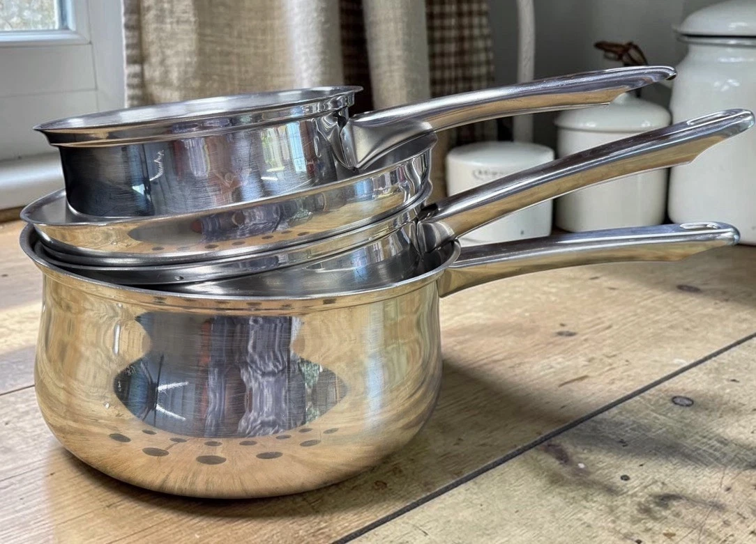 Vtg 5 Pcs Aluminum Stainless Steel Pots Pans Lids Set USA ~ Cottage Core Kitchen
Opens in a new wind