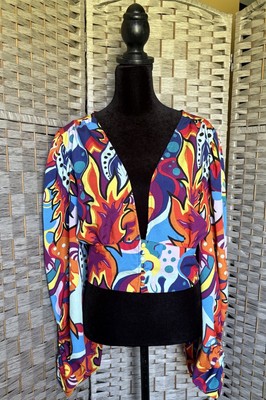 Love X Design Large Bubble Sleeve Funky Vibrant Print Crop Top V-Neck Polyester