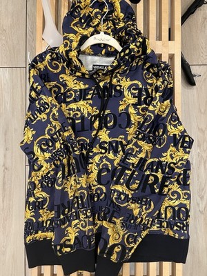 Versace Jeans Couture Men's Pullover Hoodie Baroque Logo Print Blue/Gold M