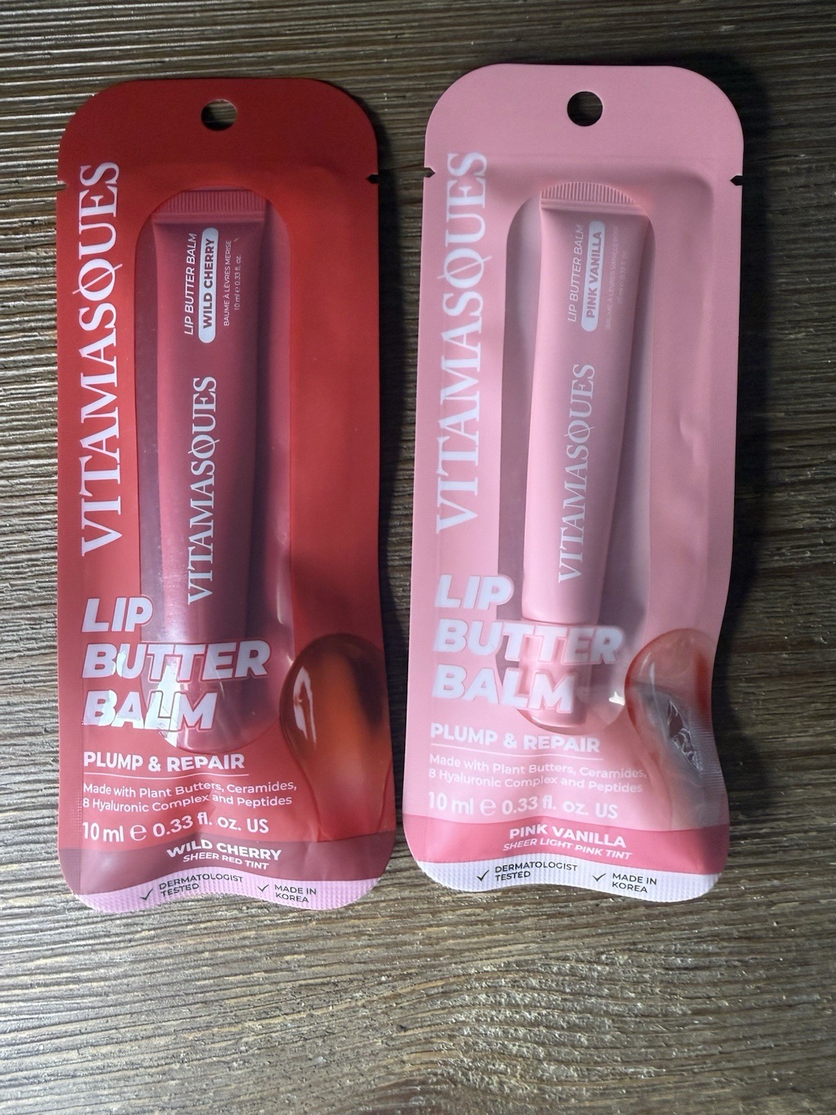 Bálsamo de mantequilla labial Vitamasques - 1 cereza silvestre, 1 vainilla rosa, bálsamos labiales peptídicos
