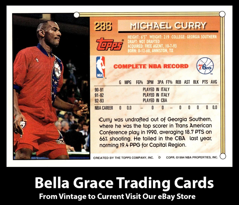 1993-94 Topps Michael Curry #286 Philadelphia 76ers Rookie NBA Basketball - Image 2 of 2