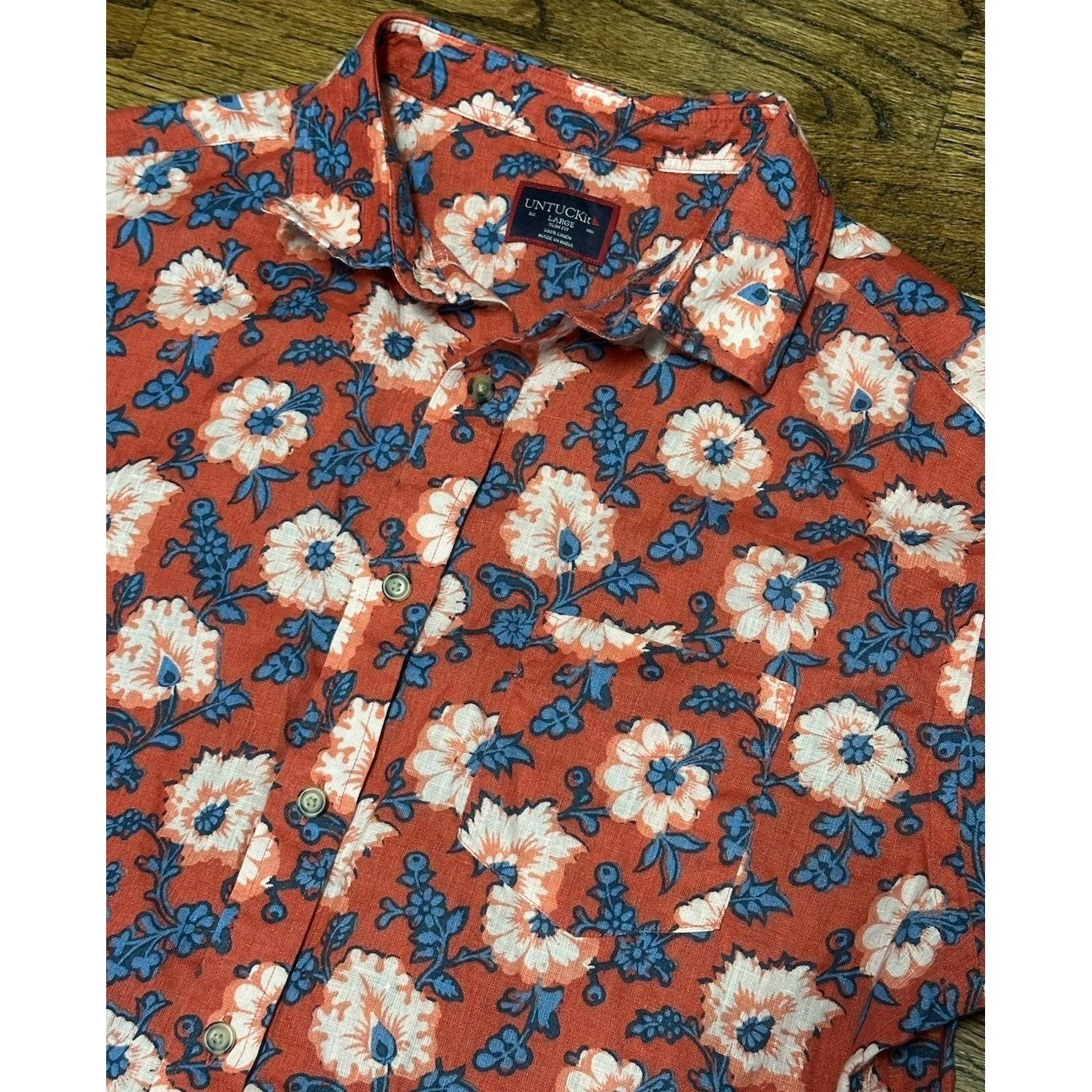 Untuckit Button Up 100% Linen Redondo Floral Slim Short Sleeve Shirt Sz L