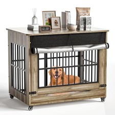 HugCoz 42" Large Dog Crate Furniture, Double Door Wooden Indoor Dog Kennel