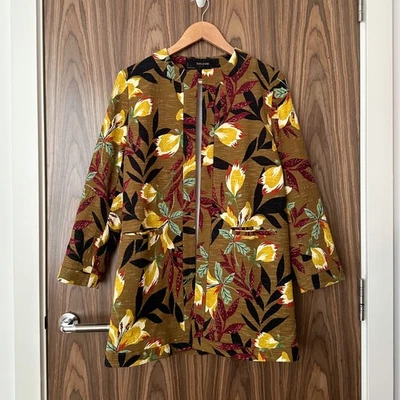 Zara Mustard Tropical Floral Leaf Open Front Textured Blazer Jacket M - Image 1 of 4