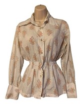 Vntg 70 s dagger collar floral white pink long sleeved lightweight blouse