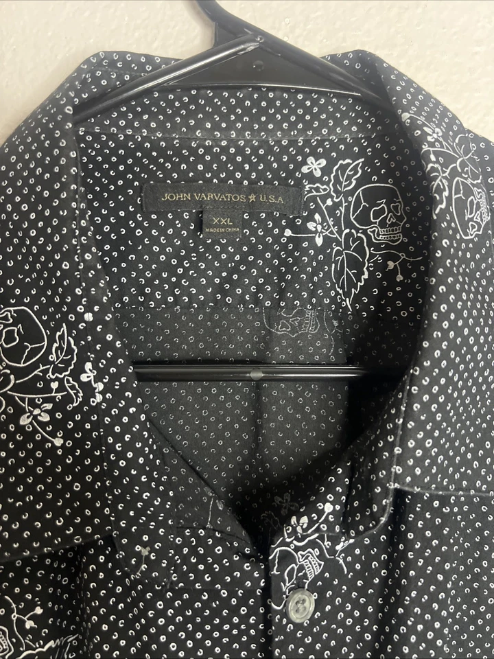 JOHN VARVATOS Men's Button Down Shirt XXL Black Long Sleeve Dress Floral Skull - Image 3 of 4