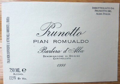 ITALY PRUNOTTO PIAN ROMUALDO Barbera d'Alba 1998 wine labels wine label