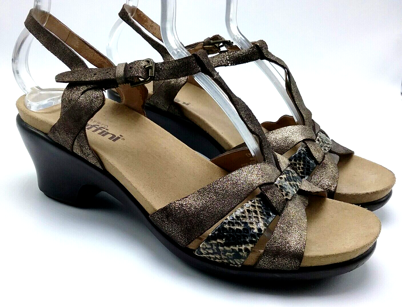 APL Sandalo donna Umberto Raffini 8 bronzo scintillante animale cinturino a T pelle tacco medio