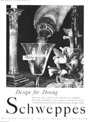SCHWEPPES GINGER ALE DESIGN FO DINING BY APPOINTMENT TO THE KING 1934 AD