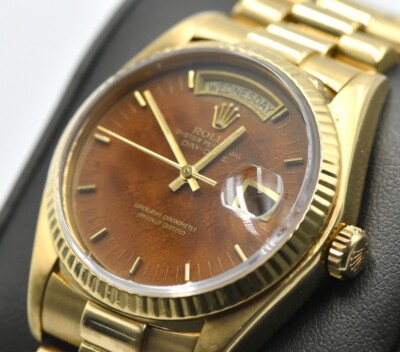 ブート ROLEX ブラウンレザー 1979 Rolex President 18038 18K Gold Burled Birch Wood Day Date