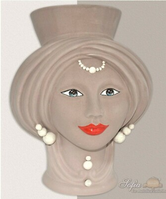 Maulbeerkopf Sizilianische Keramik Damen Vase Handarbeit beige matt neu