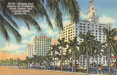 Everglades Colonia and Columbus Hotel Biscayne Blvd Miami Florida postcard linen