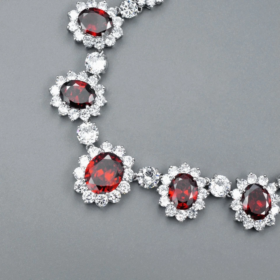 Jewelry Set Red Cubic Zirconia White Gold Plated Necklace Bracelet Earrings 6259 - Image 3 of 4