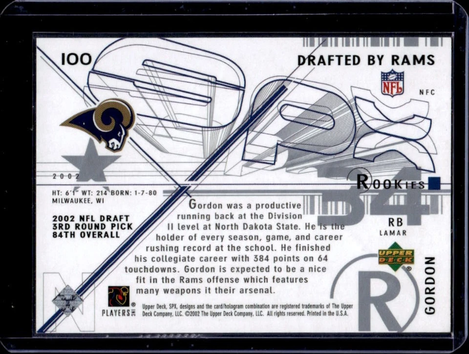 2002 SPx Lamar Gordon Rookie RC #1189/1500 Rams - Image 2 of 2