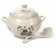 Heartland Stoneware Vintage Soup Tureen W/Ladle Country Village Sheep Farmhouse