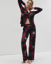 New SOMA COOL NIGHTS 2 Piece Pajama Set Pants  Top Black Red Rose Floral XS S