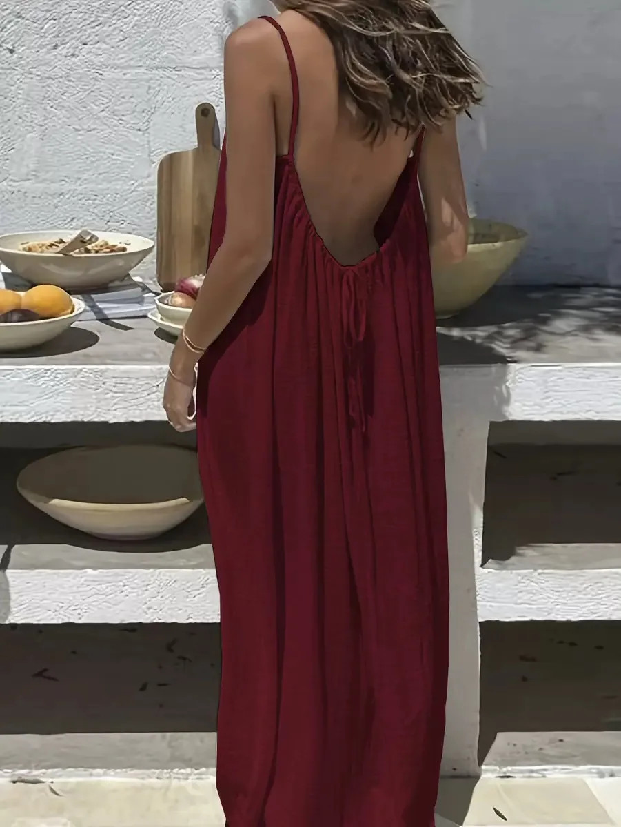 Casual Solid Loose Dress For Women Sexy Sleeveless Spaghetti Strap Backless