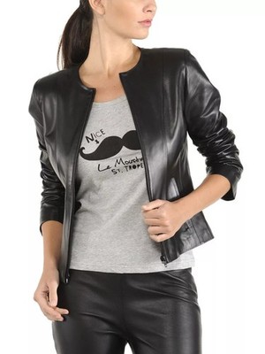 Women's Black Leather Jacket Real Collarless Genuine Moto Leather Biker Jacket