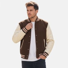 Men’s Brown Wool & Cowhide Leather Varsity Jacket Cream Baseball Bomber Jacket