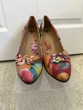 John Fluevog Multicolor Floral Embellished Almond Toe Block Heel Pumps