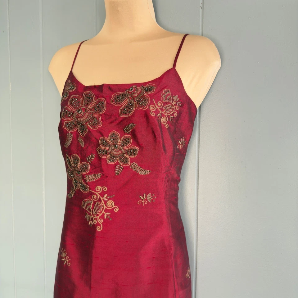 Vintage Ann Taylor silk red embroidered slip dress beaded floral 90s hoco party - Image 2 of 4