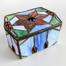 Stained Slag Glass Hinged Trinket Box Blue Green Red 5.25" x 2.75" x4" Floral