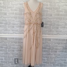 Adrianna Papell NWT Blush Beaded Art Deco Mesh V-Neck Cocktail Midi Dress 12