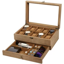 10 Slots Watch Box Holder Solid Wood with Clear Top Jewelry Storage Display Case