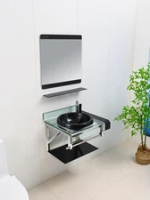 24" Black Tempered GlassBathroom Vanity Floating Sink-top Mirror Shelves set