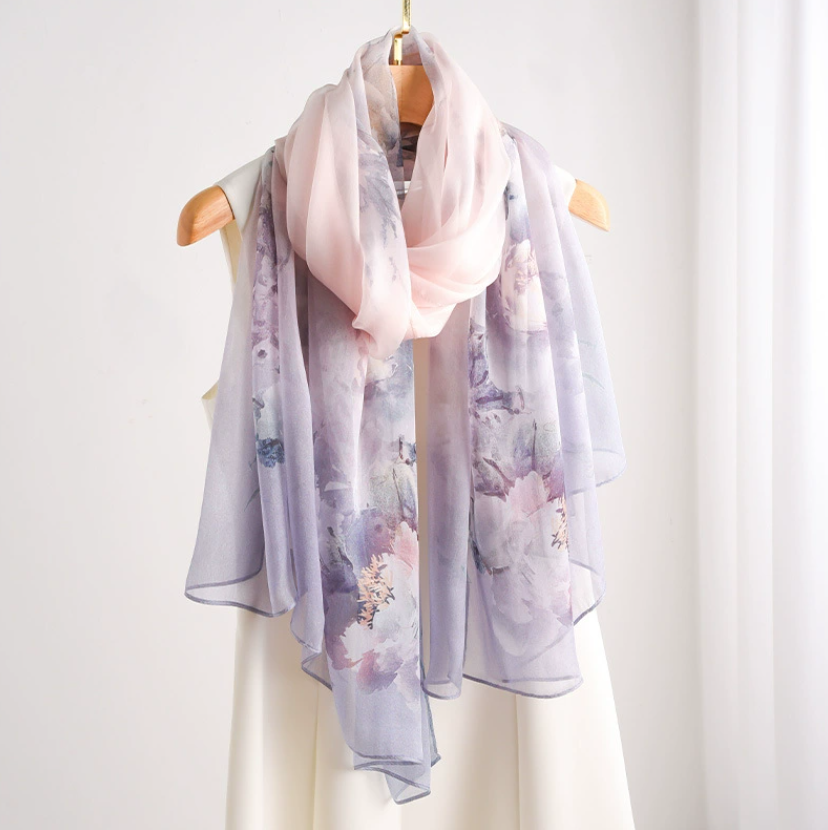 100% Mulberry Silk Iris Print Scarf Wrap Shawl Bandanna 178x110cm